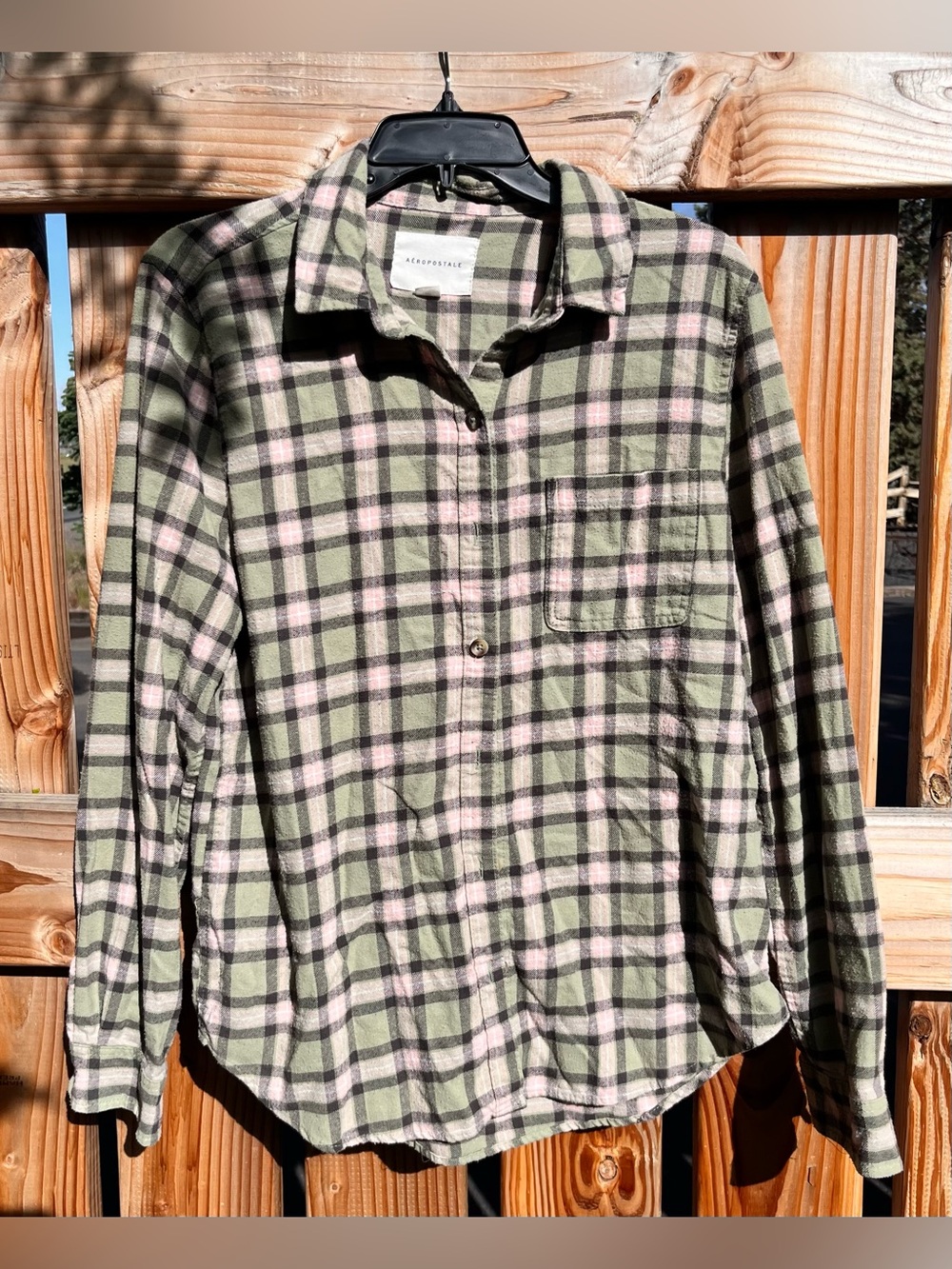 Aeropostale Women’s Green and Pink Plaid Casual Flannel. Used, good condition.